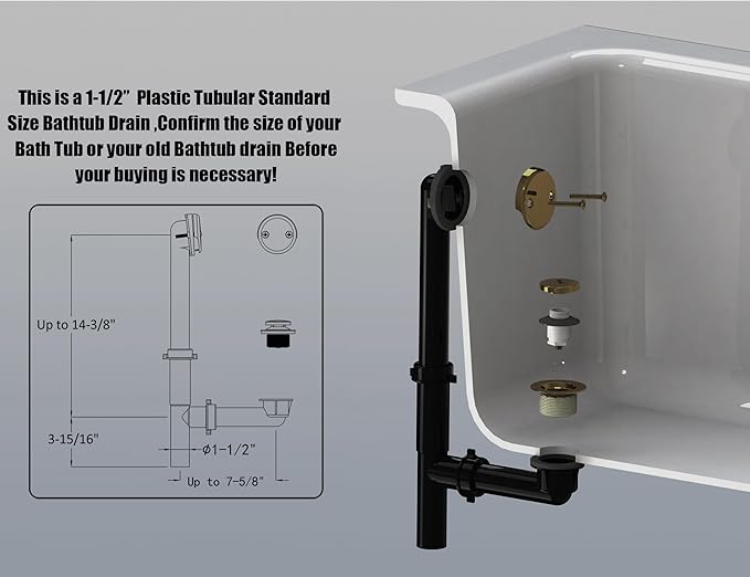 Artiwell 1-1/2'' Black Tubular Bath Drain Kit with Tip-Toe Bath Drain Stopper & Overflow Plug, Champagne Bronze