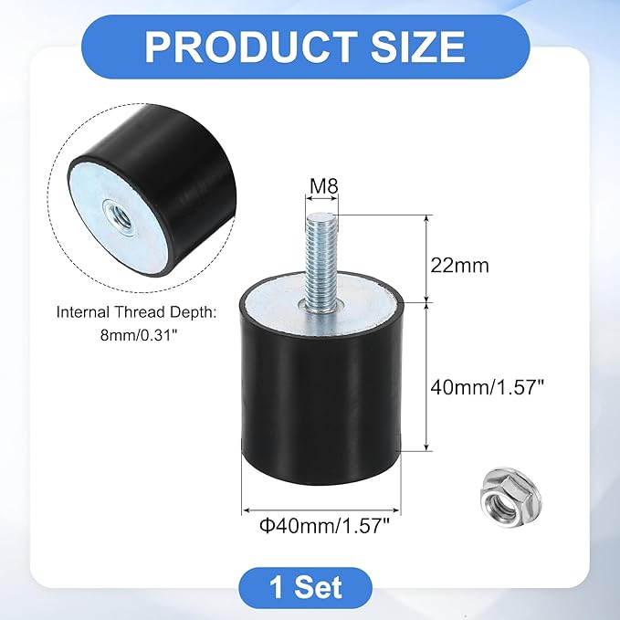 uxcell M8 Rubber Mounts, 1Pcs 40x40mm(DxH) Rubber Cylindrical Anti Vibration Isolator Shock Absorber with Lock Nut for Car Bobbin Generator Air Compressors