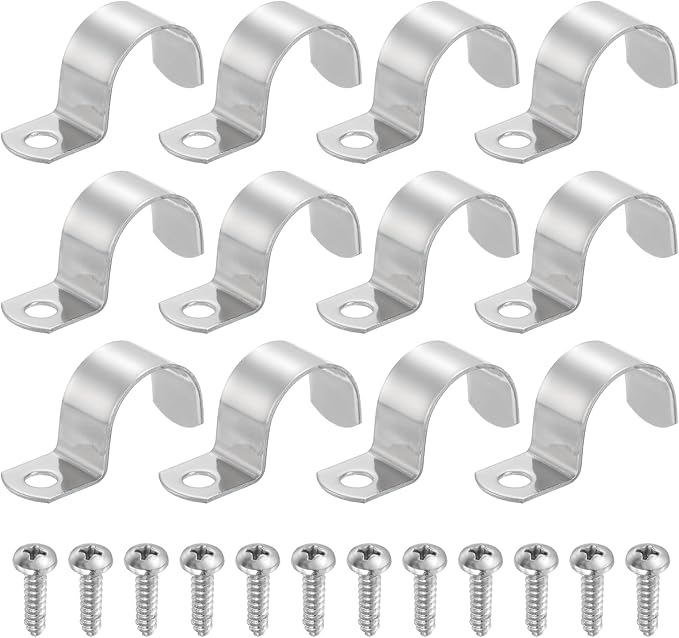 uxcell 12Pcs 27mm(1-1/16") One Hole Rigid Pipe Strap, 304 Stainless Steel Conduit Clamp Thicken U Bracket Heavy Duty Pipe Clamp with Self-Tapping Screws for Fixing Tube Cable, Silver