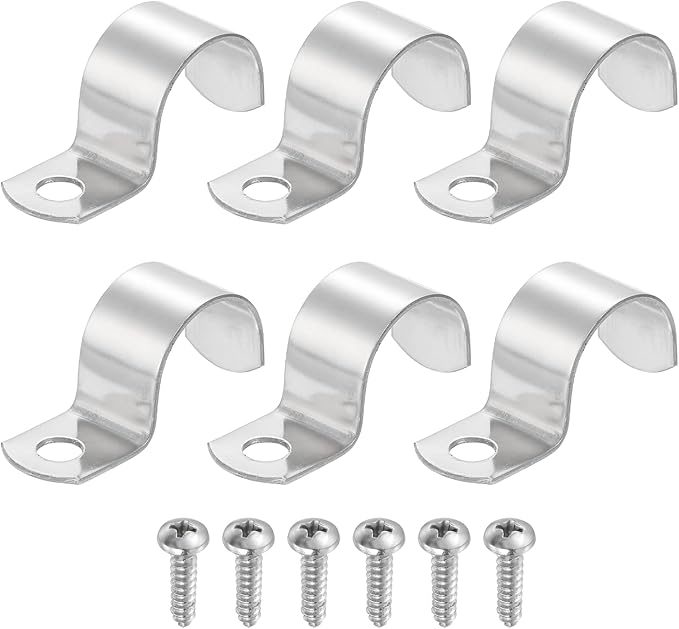uxcell 6Pcs 25mm(1") One Hole Rigid Pipe Strap, 304 Stainless Steel Conduit Clamp Thicken U Bracket Heavy Duty Pipe Clamp with Self-Tapping Screws for Fixing Tube Cable, Silver