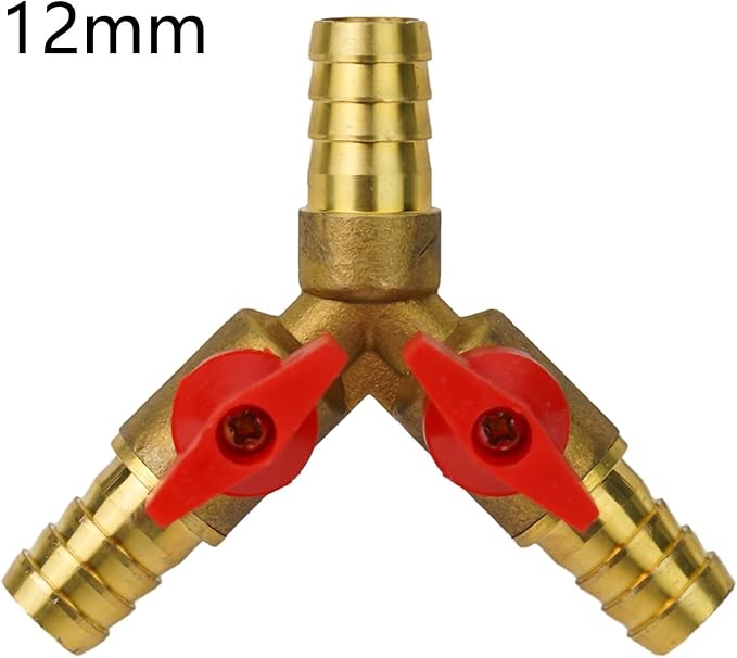 3-Way Brass Shut-Off Ball Valve for Fuel, Air, Water, and Gas, 12mm Hose Y-Style Pneumatic Plumbing Fitting