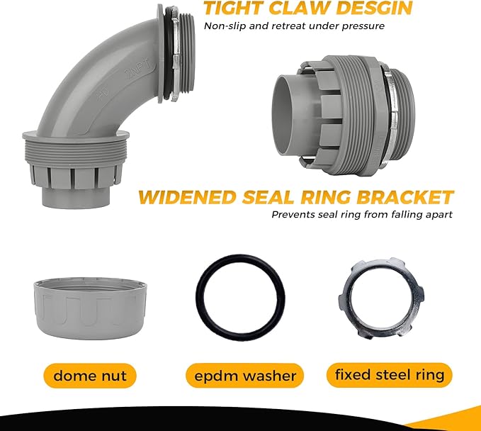 Conduit Connectors, 2 Inch Liquid Tight Connector NPT Non-Metallic for PVC Electrical Flexible Conduit Fittings, 2 Straight and 2 Angle 90 Degree, UL Listed, Grey (4-Pack)