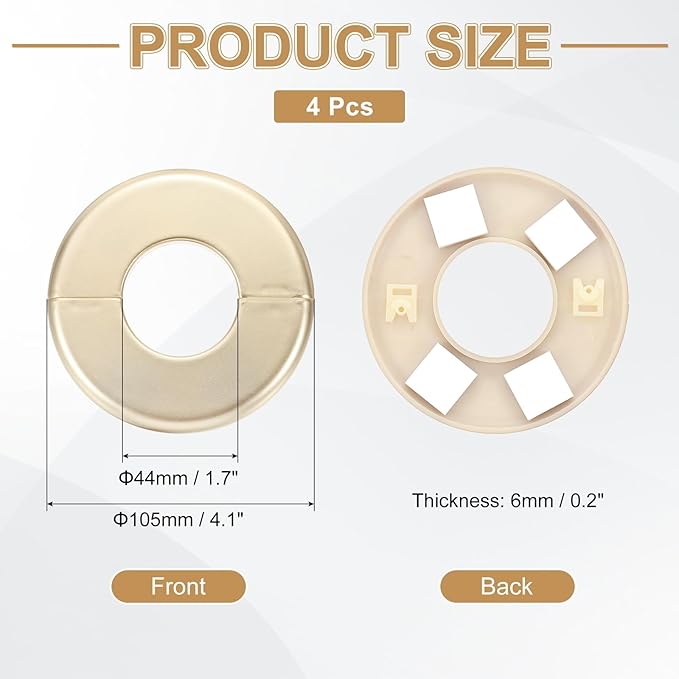 PATIKIL Wall Split Flange 105mm / 4.1" OD, 4 Pcs Round Escutcheon Plate Cover PPR Plumbing Cover Plates with Self-Adhesive Tape for 44mm / 1.7" Dia Water Pipe Faucet, Gold
