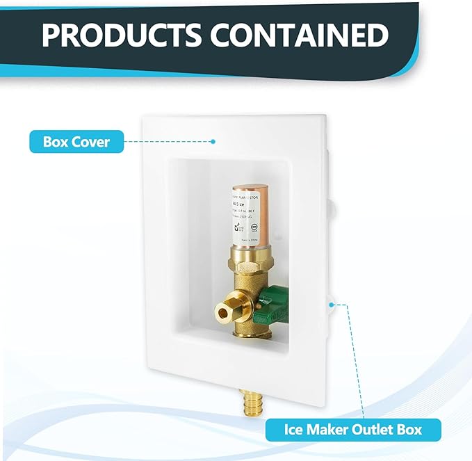1-Pack Seelink Pre-Assembled Ice Maker Outlet Box, 1/2" PEX Crimp Inlet x 1/4" OD Compression Outlet, with Installed 1/4-Turn Ball Valve and Copper Hammer Arrestor