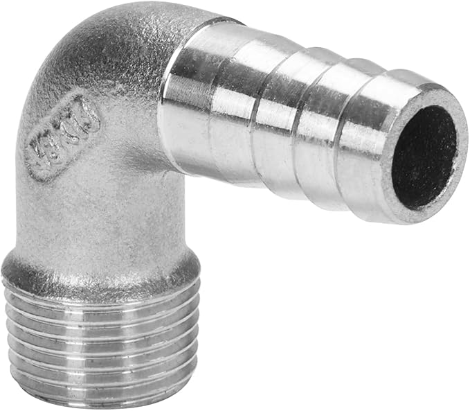 DERNORD 1/2" Hose Barb x 3/8" Male NPT Stainless Steel 90 Degree Elbow- Home Brew Pipe Fitting