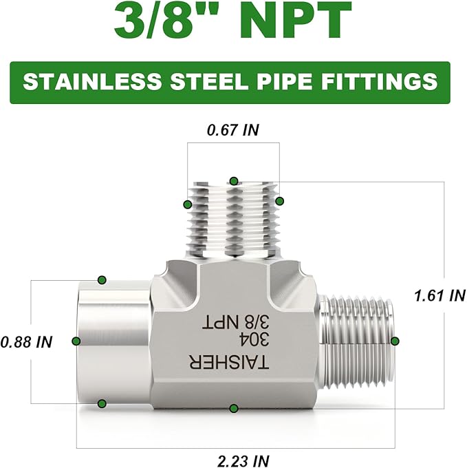 TAISHER 1PCS Forging of 304 Stainless Steel Tee Pipe Fittings, 3/8" NPT Female x 3/8" NPT Male x 3/8" NPT Male Pipe Fittings, Female Run Tee