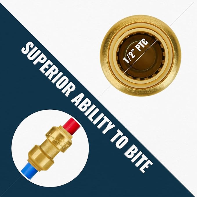 SUNGATOR Pushfit Plumbing Fitting Assortment 1/2 Inch, Straight Coupling (10 PCS), Tee (5 PCS), No Lead Brass Push to Connect Pex, Copper, CPVC, with A Disconnect Clip, Pack of 15