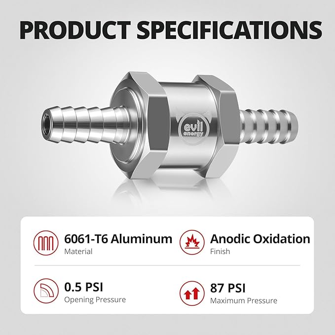 EVIL ENERGY 1/4'' (6mm) Check Valve, 3 Pcs Aluminum One Way Fuel Check Valve for Gasoline, Diesel & Coolant with Universal Hose Clamps, Silver