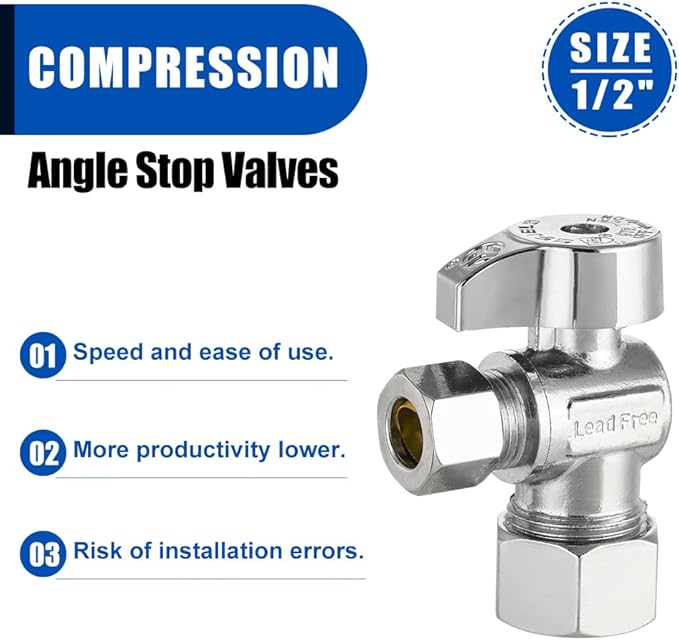 Pro 8-Pack EFIELD Angle Stop Valve 1/2" Nominal (5/8" OD) Compression x 3/8" OD, 1/4-Turn, Heavy-duty, Chrome Plated LF Brass,(VALVE371)