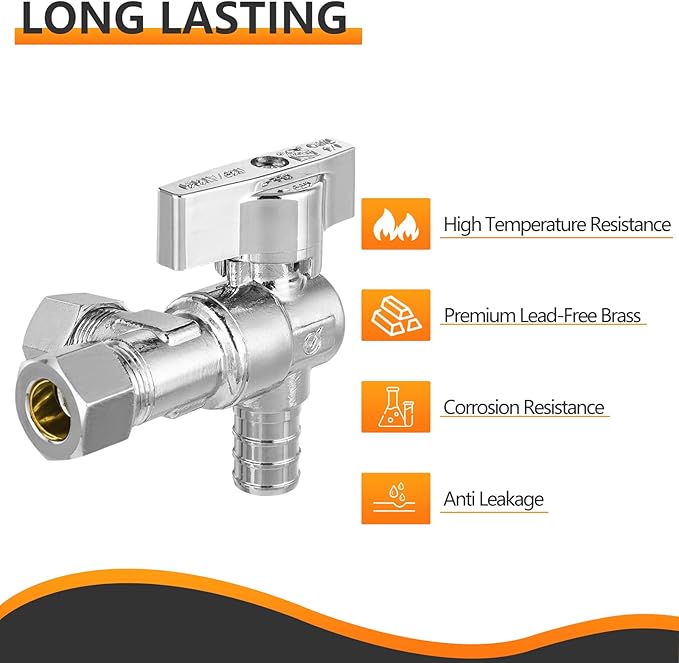 2-PCs HeSun Barb Crimp Inlet Angle Stop Valve, Quarter-Turn 1/2" PEX-B x 3/8" OD x 3/8" OD Compression, Dual Compression Outlet Shut Off Valve, PEX Chrome Plated Brass, ASTM F1807(VALVE200)