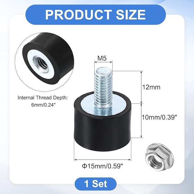 uxcell M5 Rubber Mounts, 1Pcs 15x10mm(DxH) Rubber Cylindrical Anti Vibration Isolator Shock Absorber with Lock Nuts for Car Bobbin Generator Air Compressors