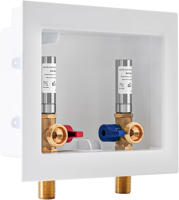 Washing Machine Outlet Box with Stainless Steel Water Hammer Arrestor, 1/2 Inch MIP&Sweat x3/4 Inch MHT with Center Drain, Washer Faucet Recessed Box, Laundry Washer Valve Outlet Box