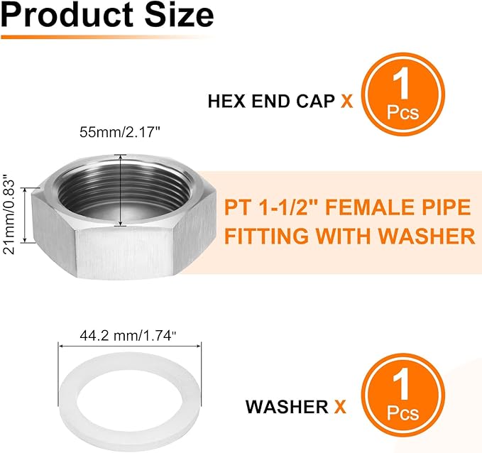 uxcell 1pcs Hex End Cap 304 Stainless Steel Nut with Washer, PT 1-1/2" Female Thread Pipe Fitting, Gas Line Water Line Stop Valve Cap Tubing Ends for Plumbing Fittings, Silver Tone