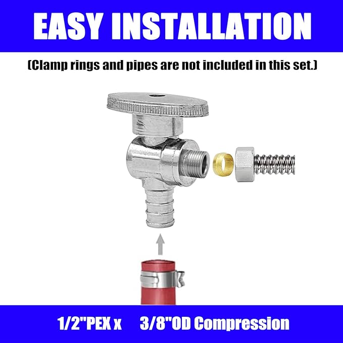 (10 Pack) BH Angle Stop Valve 1/2" PEX x 3/8" OD Comp, 1/4 Turn Shut Off Valve, Chrome Plated Brass, for Bathroom Toilet Kitchen Shower Plumbing