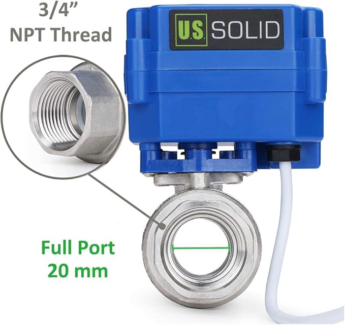 U.S. Solid Motorized Ball Valve- 3/4" Stainless Steel Ball Valve with Full Port, 9-24V AC/DC and 2 Wire Auto Return Setup (25 Packs)