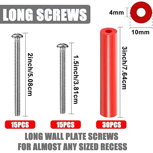 Electrical Outlet Box Extender Kit，Electrical Outlet Spacers, 60 Pack Electric Box Receptacle Extender Kit Include 30 Pieces Round Switch Spacers and 30 Screws for Fixing Outlets