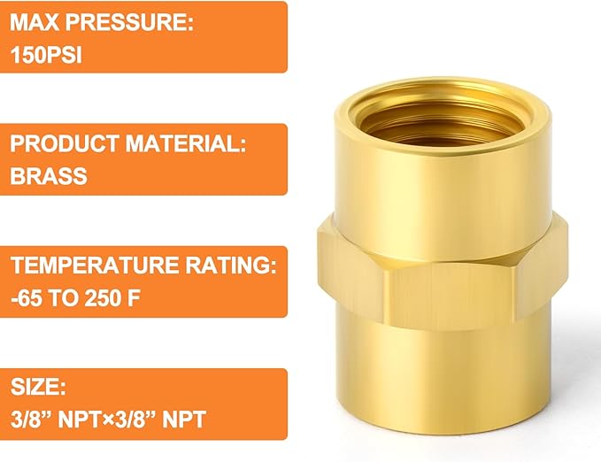 GASHER 8PCS Brass Pipe Fitting, Brass Coupling, 3/8-Inch Female Pipe x 3/8-Inch Female Pipe
