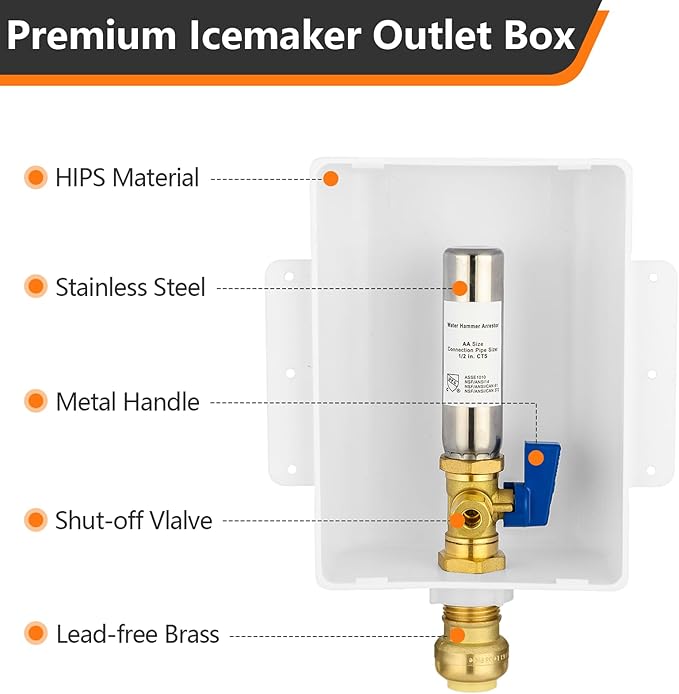 HeSun Push-to-Connect Ice Maker Outlet Box,Inlet 1/2 Inch Pushfit x Outlet 1/4 Inch OD Compression Connection,with Stainless Steel Water Hammer Arrestor