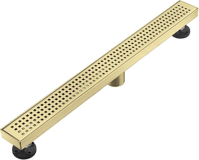 Linear Shower Floor Drain, Brushed Gold 32 Inch 304 Stainless Steel Bathroom Drains Kit, Long Rectangular Shower Trench Drain with Square Pattern Drain Cover & Hair Catcher