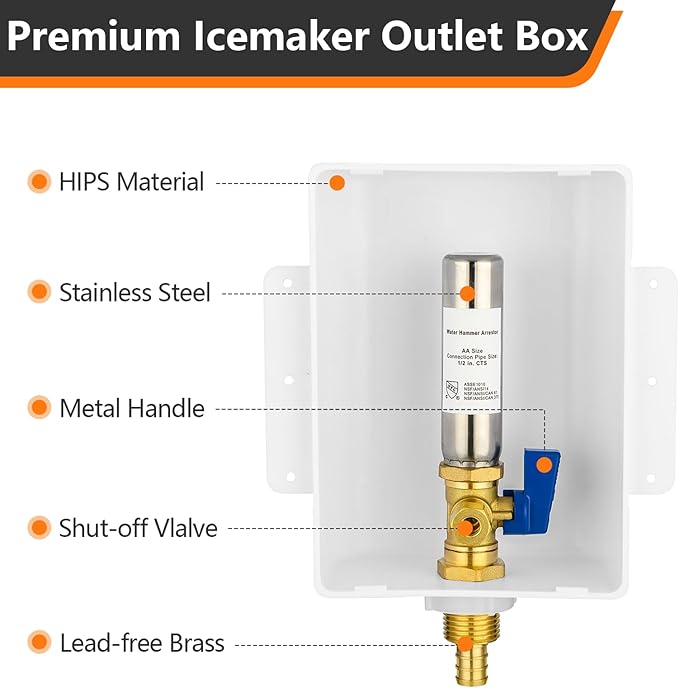 HeSun PEX Crimp Ice Maker Outlet Box,Inlet 1/2 Inch F1807 x Outlet 1/4 Inch OD Compression Connection,with Stainless Steel Water Hammer Arrestor
