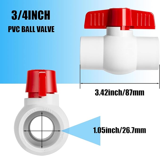 8PCS 3/4" PVC Ball Valve, Shut-Off Ball Valves Socket with Easy Turn Red T-Handles, Slip PVC Valve for Water Project, Swimming Pool, Sewage Pump, Sprinkler Lines, Outdoor Plumbing & Irrigation System