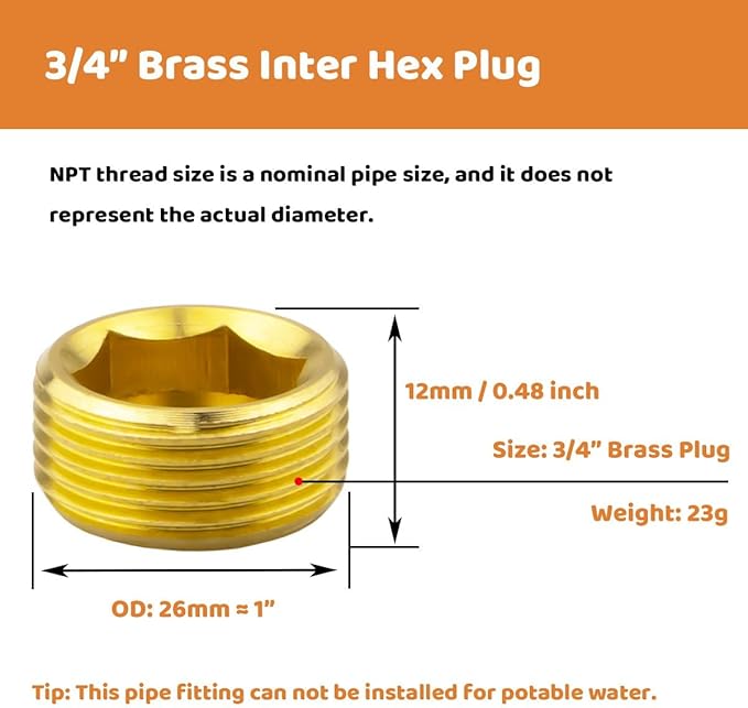 (2-Piece) Besosay 3/4" NPT Brass Pipe Plug Fitting, Counter Sunk Thread Internal Hex Head Style Male for Closing the End of Pipe