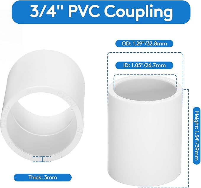 20 pcs 3/4" PVC Coupling Pipe Fittings (Socket x Socket) Schedule 40 PVC Fittings used For Plumbing and Irrigation
