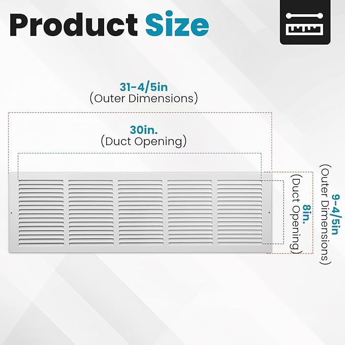 VOISEN Return Air Grille,Fits 30x8 Duct Opening,Steel Return Vent Cover, White Vent Cover Grill for Sidewall and Ceiling,HAVC Cold Air Return Vent Cover,Overall Size:31.8"W X 9.8"H