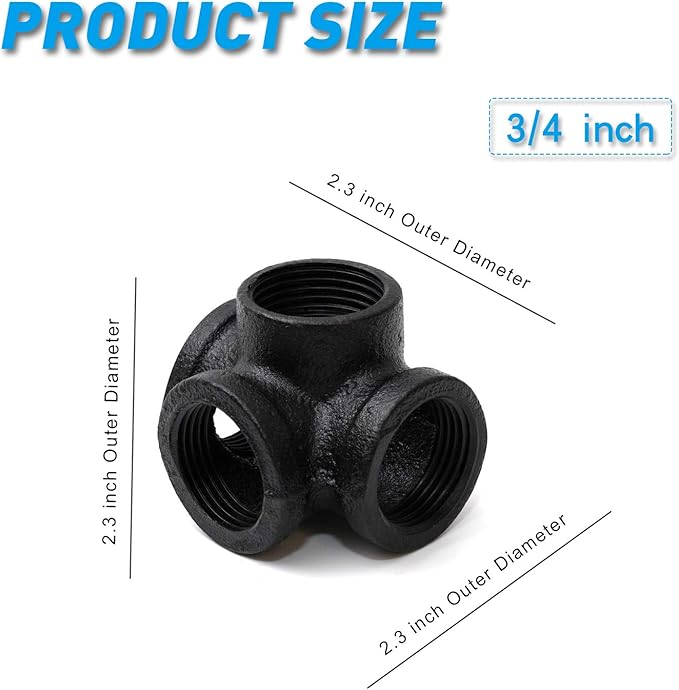 3/4" Black Painted 4-Way Side Outlet Tee, Home TZH 10-Pack 4-Way Corner Cast Black Malleable Iron Pipe Fitting for Industrial Pipe, Furniture and DIY Decoration (10, Black 3/4 Inch)