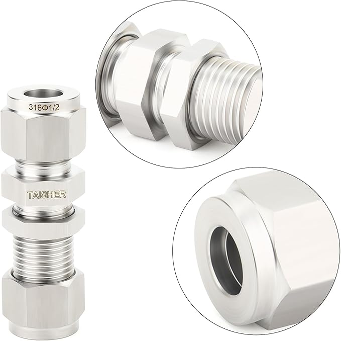 TAISHER 1PCS 316 Stainless Steel Thru-Bulk Bulkhead Compression Tube Pipe Fitting Connector, 1/2" Tube OD x 1/2" Tube OD Straight Adapter