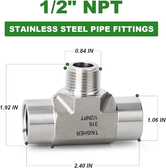 TAISHER 1PCS Forging of 316L Stainless Steel Tee Pipe Fittings, 1/2" NPT Female x 1/2" NPT Male x 1/2" NPT Female Pipe Fittings, Male Branch Tee
