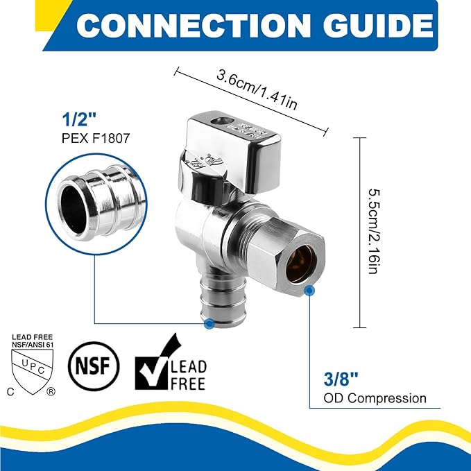 1/4 Turn Angle Stop Valve, 1/2" Crimp Pex F1807 X 3/8" OD Compression For Toilets And Faucets (Pack of 6)
