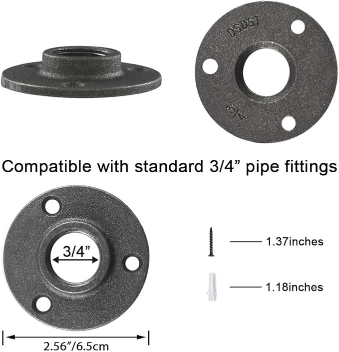 GeilSpace Floor Flange, Malleable Iron Pipe Fittings - Vintage DIY Industrial Shelving, Industrial Decor, Furniture DIY (3/4", Grey)