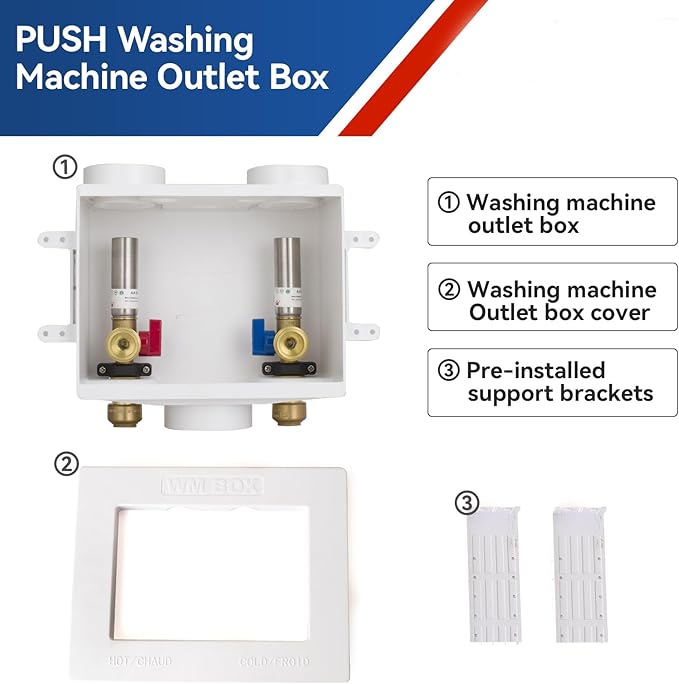 Washing Machine Outlet Box with Water Hammer Arrestor,1/2 Inch Push-fit Inlet Connection,3/4 Inch MHT Outlet Male Thread Connection, PEX Box with Center Drain, with 1/4-Turn Ball Valve