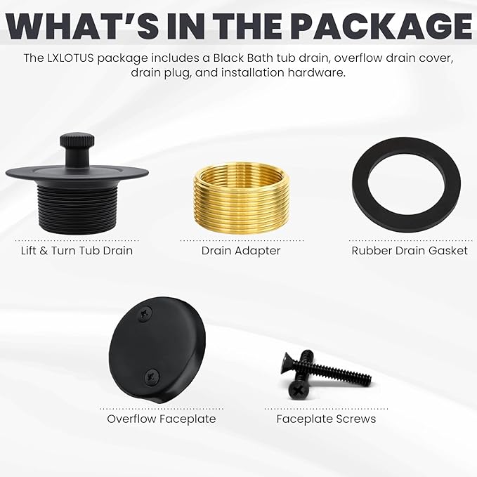 Matte Black Bathtub Drain Kit - Lift and Turn - Black Tub Drain and Overflow Cover. Universal Fit 1-3/8" and 1-1/2"