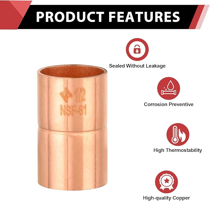 Pro 50 Pack EFIELD 1/2" X 1/2" Copper Coupling With Stop, LF Copper Plumbing Fittings with Sweat Solder Connection,(COPPER001)