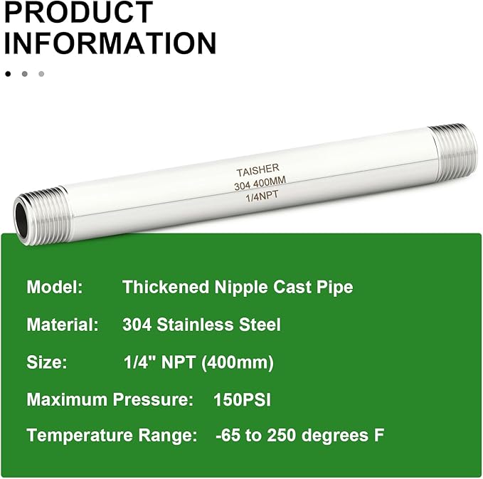 TAISHER 2PCS Stainless Steel Pipe Fittings, 1/4" NPT Male x 1/4" NPT Male Threaded, 16" Length Thickened Nipple Cast Pipe