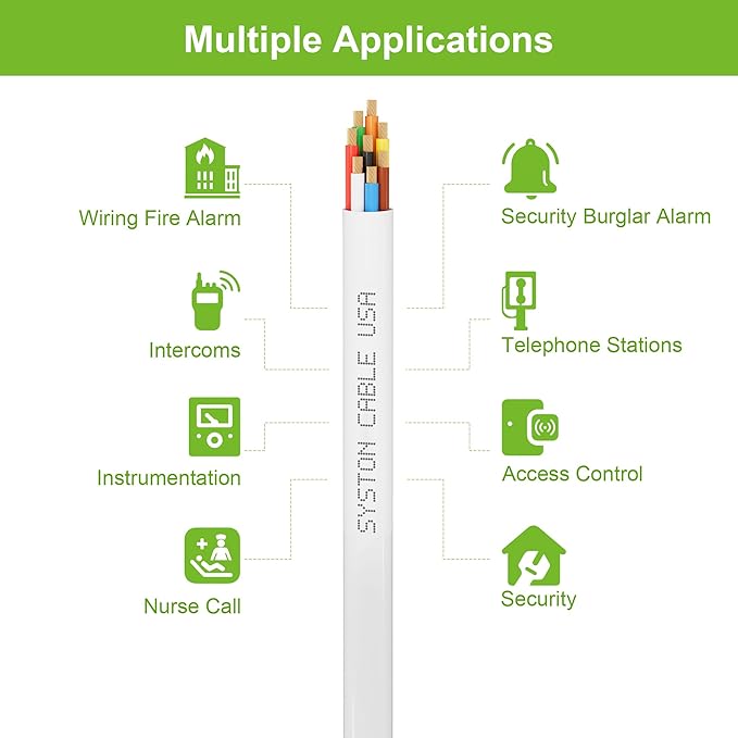 SYSTON 18/8 Fire Security Burglar Station Sound Alarm Control Cable Wire, 18 AWG 8 Conductors Plenum-Rated CMP/CL3P Unshielded Stranded Copper, UV Resistant RoHS for Low Voltage Applications Use