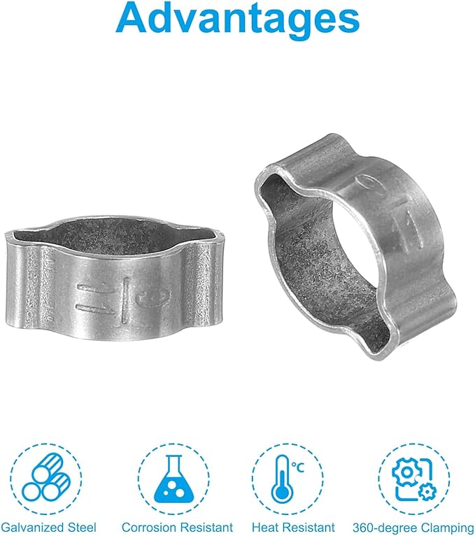 PATIKIL 25 Pack 9-11mm Double Ear Hose Clamp, 304 Stainless Steel O Clip Crimp Rings for Fuel Petrol Pipe Tube Fitting Connections, Silver Tone
