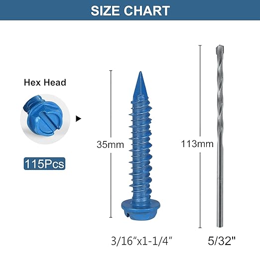 3/16x1-1/4 Inch 115PCS Hex Head Concrete Screws, Screws Anchor with Drill Bit,for Masonry, Block, Brick, Cement, Stucco, No Pre Drilling, Diamond Point