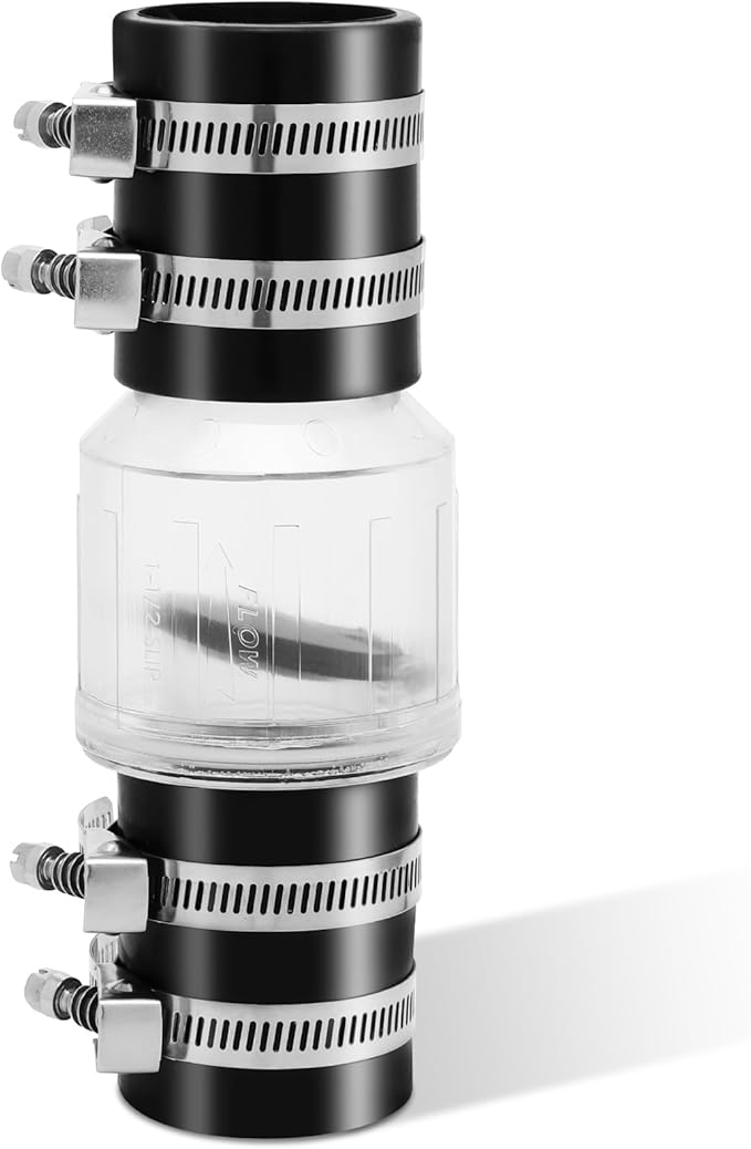 Quiet PVC Check Valve 1-1/2 Inch Sump Pump Check Valve with Buna-N Couplings With Spring Loaded Flapper Fit 1-1/2″ Class 40 Pipe With Stainless Clamps