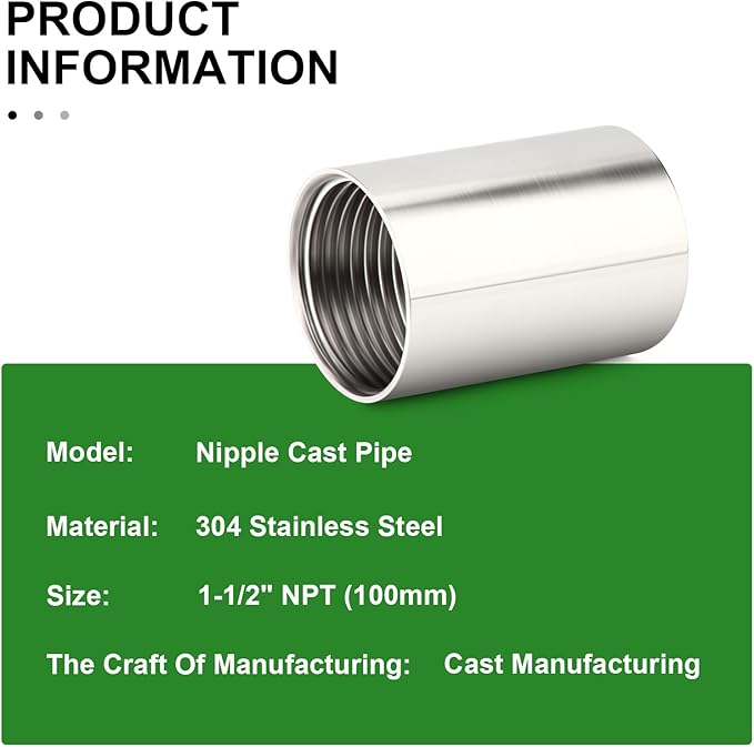 TAISHER 1PCS Stainless Steel Pipe Fittings, 1-1/2" NPT Female x 1-1/2" NPT Female Threaded, 4" Length Nipple Cast Pipe
