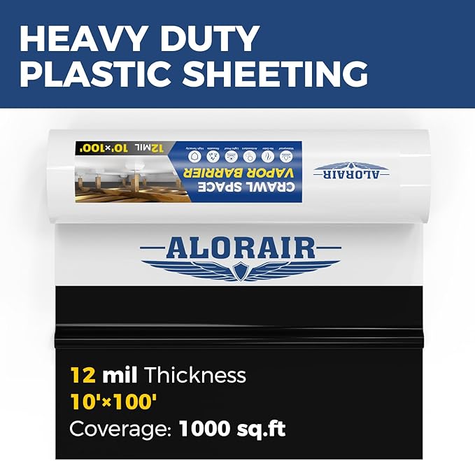 ALORAIR 12 mil Vapor Barrier for Crawl Space – 10' x 100' Heavy-Duty Plastic Sheeting – Black/White Panda Film – Crawlspace Encapsulation, Ground Cover, Drop Cloth – Commercial & Residential Use
