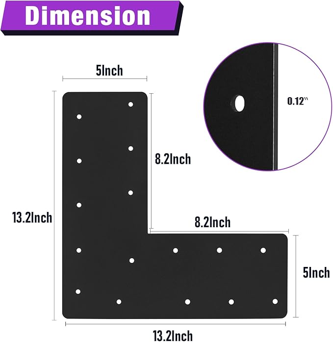 4 Pcs 13.2"x 5"L Shape Flat Bracket, Mending Plate with Black Powder-Coated Right Angle Brackets, Corner Bracket, L Shape Plate Fit 6x6,8x8 for Repair House,Furniture,Pavilion,Truss framing