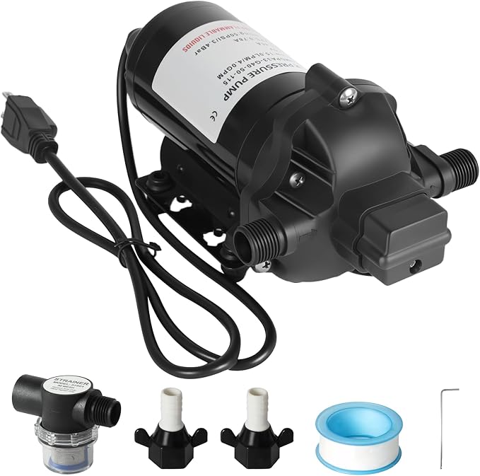 115V Water Pump with Power Plug,4GMP 40-80PSI Adjustable Self-Priming Diaphragm for Boats,On Demand RV Water Washdown Pump with Filter for Camper Bathroom Yacht Caravan,1 Pump + 1 Strainer