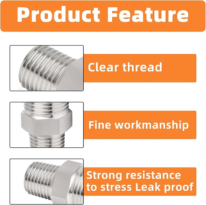 GASHER 4PCS 304 Stainless Steel Pipe Fitting, Hex Nipple Hex Coupling, 3/8" x 3/8" NPT Male Thread Pipe, 3/8Inch x 3/8Inch NPT Female Thread Pipe