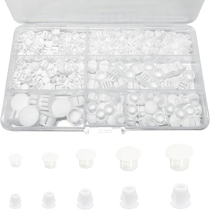 300Pcs 5 Sizes Plastic Hole Plugs 3/16" 1/4" 5/16" 3/8" 1/2", Hole Plugs for Round Holes, Snap in Knockout Locking Screw Hole Covers, Base Plugs, Furniture & Cabinet Hole Cap -White