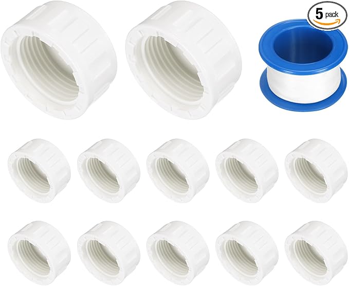 uxcell 5Pcs 1 Inch PT Female Thread PVC Pipe Fitting Cap, Cleanout Water Drain End Caps, Pipe Plug Socket Fittings with Tape for Water Heater Supply Lines, Plumbing, White
