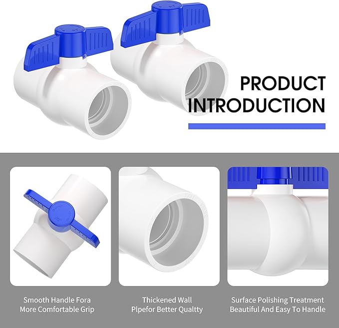 20PCS 1/2" PVC Ball Valve, SCH40 Slip PVC Water Pipe Valve with Easy Turn Blue T-Handle, Shut-Off Ball Valve Socket for Swimming Pool, Sprinkler Lines, Outdoor Plumbing & Irrigation System