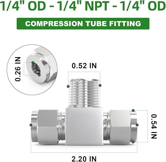 TAISHER 2PCS 304 Stainless Steel Compression Tube Pipe Fitting Connector, 1/4" Tube OD x 1/4" NPT Male x 1/4" Tube OD Tee Adapter